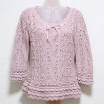 ピンクベルベットリボン使い模様編みセーター【M】
